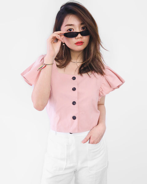 Button-down Flare Sleeves Cropped Top - Pink | STYLEITNRY