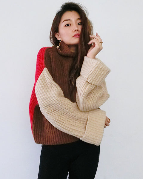 Colour Block Chunky Knit - Brown, Nude and Red | STYLEITNRY