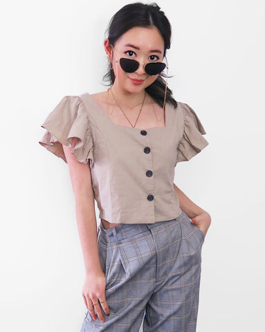 Button-down Flare Sleeves Cropped Top - Khaki | STYLEITNRY