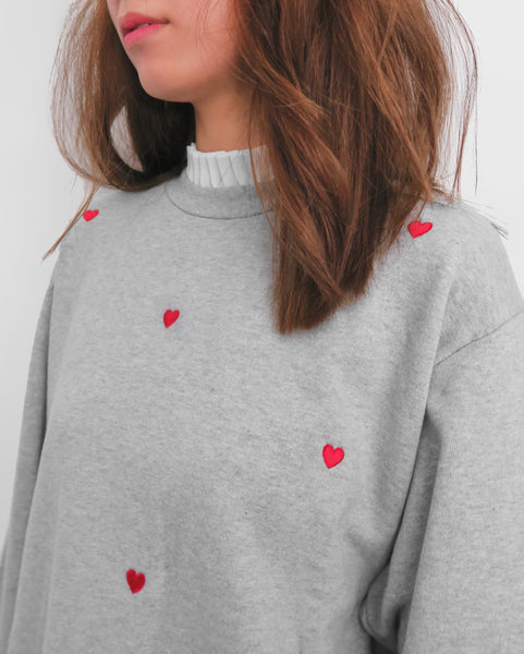 Sweet Heart Embroidery Blouse Hem Sweater - Grey | STYLEITNRY