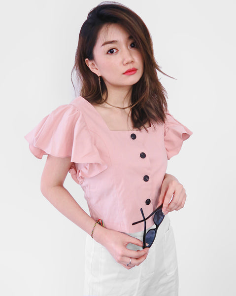 Button-down Flare Sleeves Cropped Top - Pink | STYLEITNRY