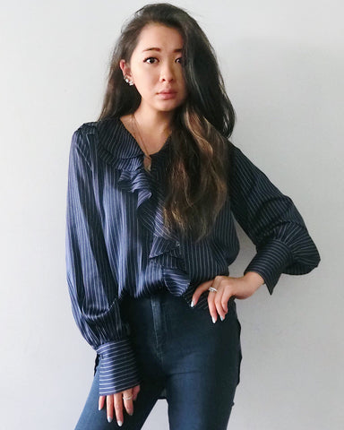 Silky Striped Blouse with Ruffles - Navy | STYLEITNRY